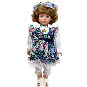 Vintage Genuine Porcelain Doll by Studio 5 Collection Floral Dress Box Stand 17"
